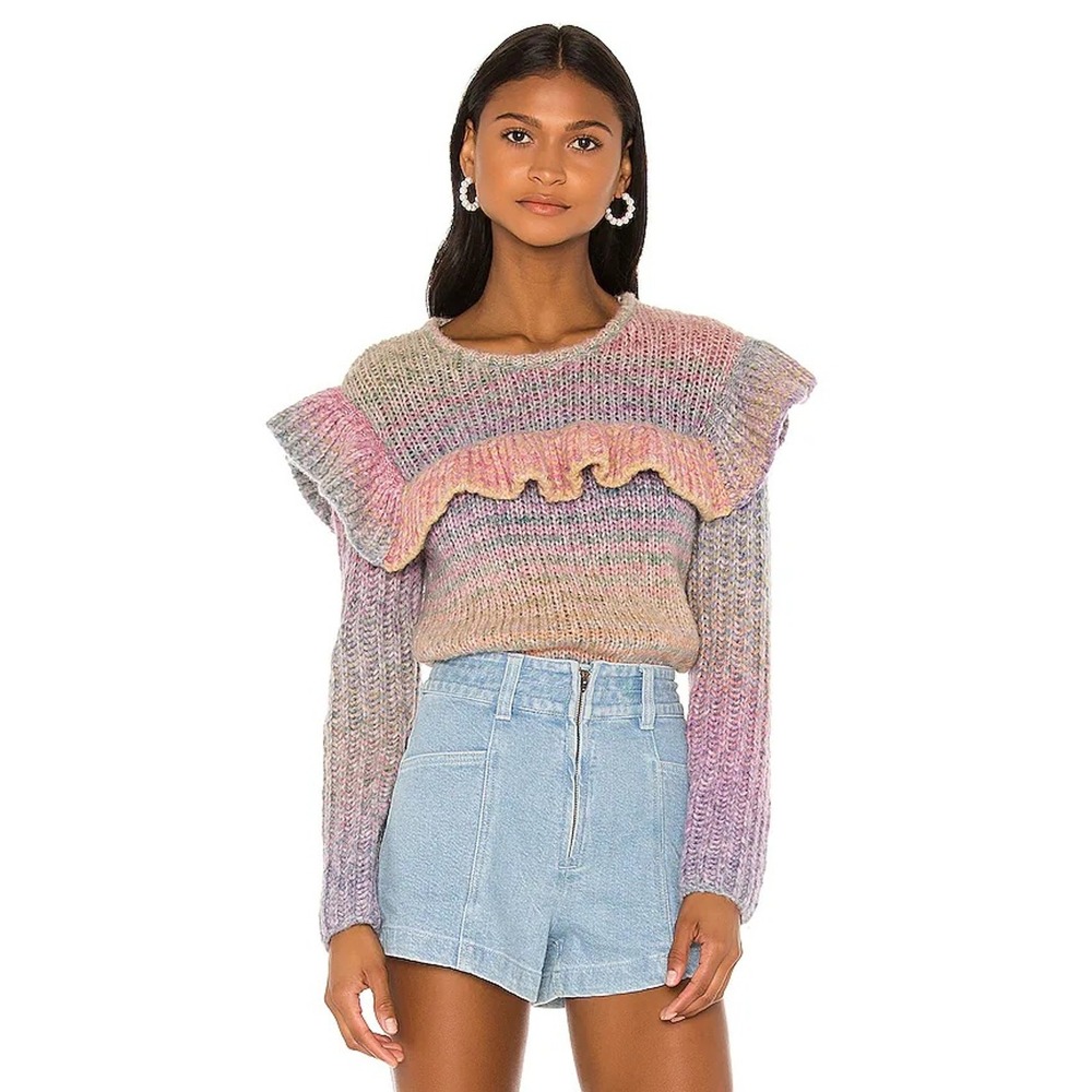 LoveShackFancy Yumi Pastel Rainbow Ruffle Space Dye Knit Sweater Pink Purple - Picture 3 of 13